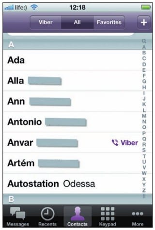Список контактов с обозначением Viber-пользователей 
