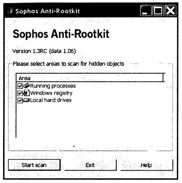 Окно программы для обнаружения руткитов Sophos Anti-Rootkit