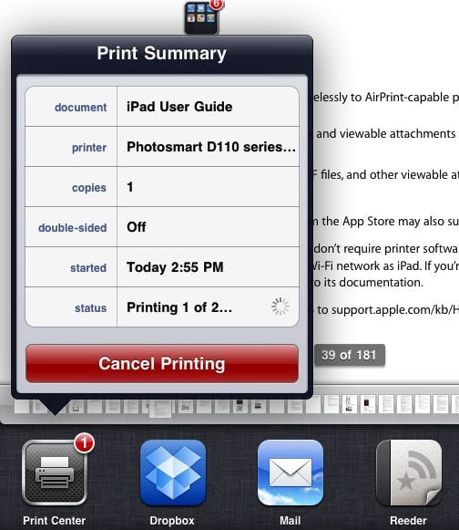 AirPrint Print Center на iPad