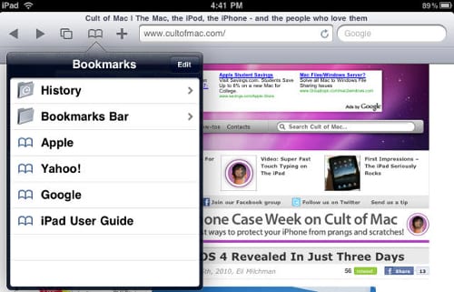 Cписок Bookmarks (Закладки) в Safari на iPad